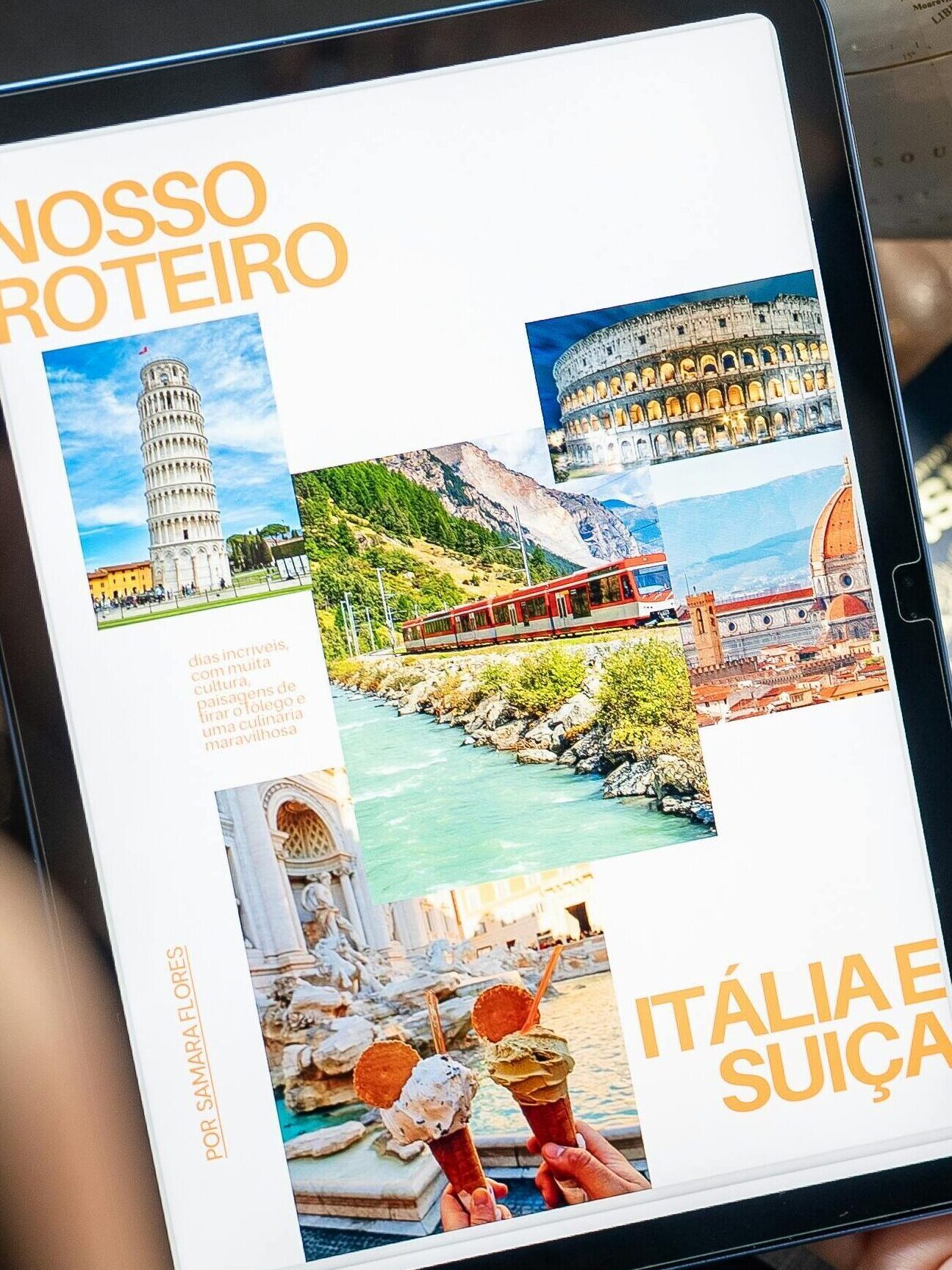 Traveler planning a trip to Italy and Switzerland using a globe, tablet, and passports.
